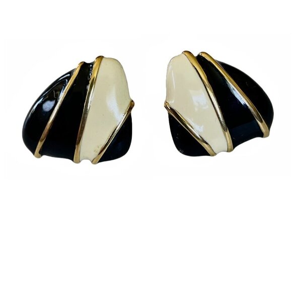 Vintage Black and Cream Enamel with Gold Stripes Triangle Pierced Earrings - Picture 3 of 5